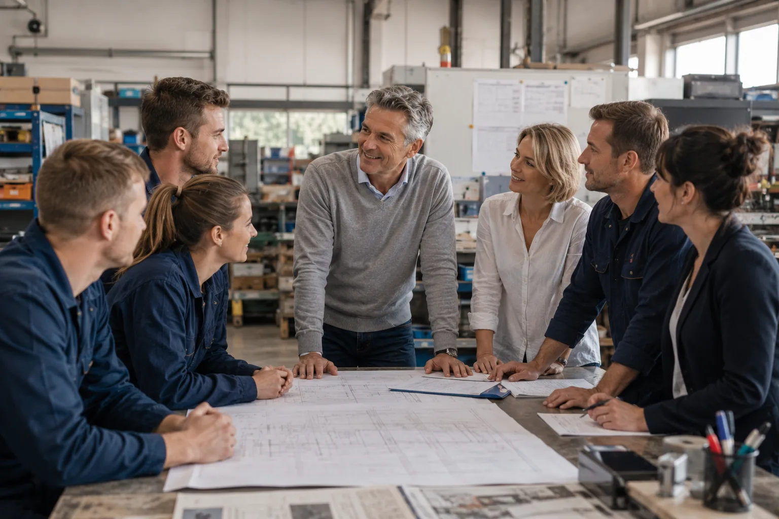 Teammeeting in der Werkhalle – Verantwortung für Mitarbeiter
