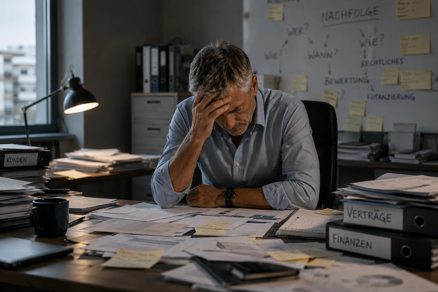Unternehmer mit überwältigten Gedanken – das Thema bleibt liegen